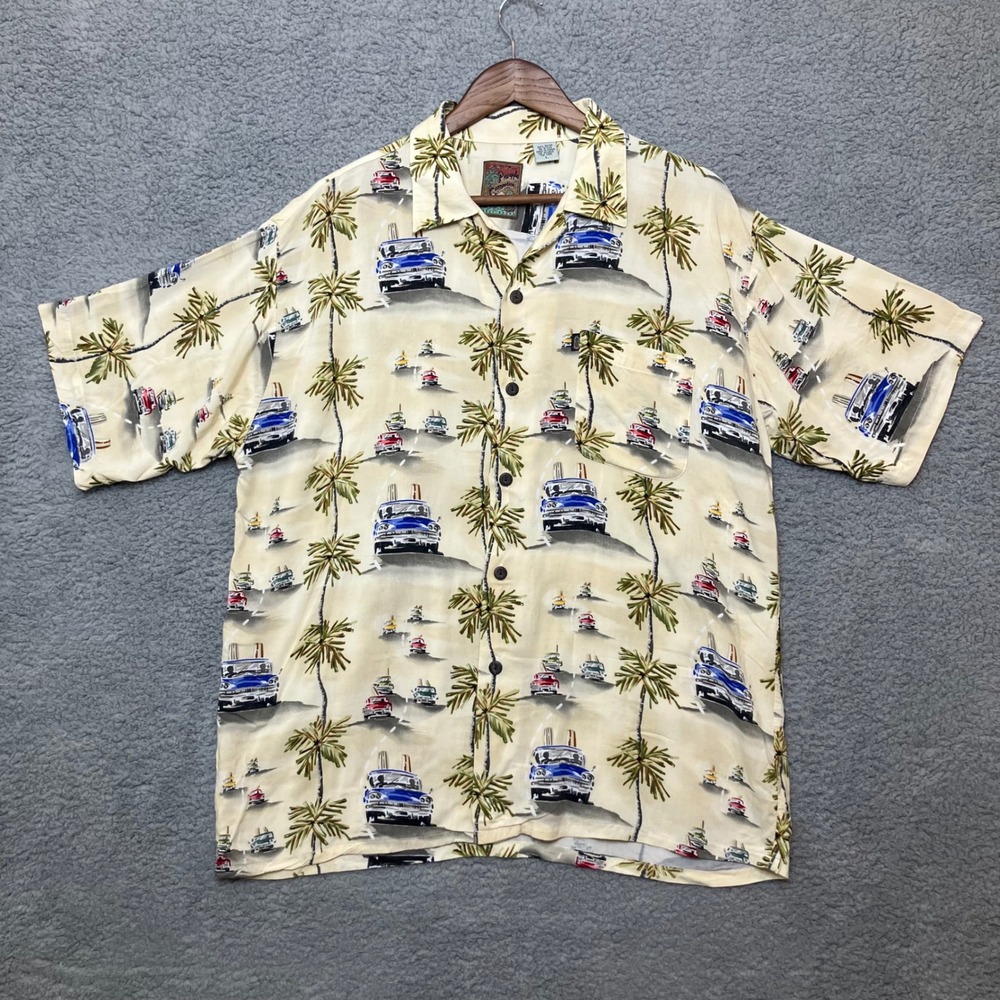 VTG Pineapple Hawaiian Button Up Shirt Men L Classic Car Palm Tree Cream Beach